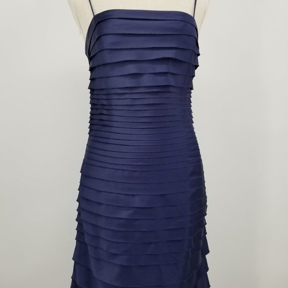 JS Collections Navy Tiered Satin Sheath Dress 4 - Picture 8 of 13